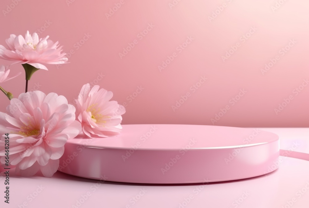 3D background, pink podium. Round display, pink flower 3D background, pink podium. Round display, pink flower