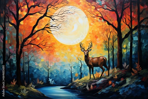 Vibrant backdrop with a moon, deer, and leaves on a modern artwork; perfect for framing on walls. Generative AI