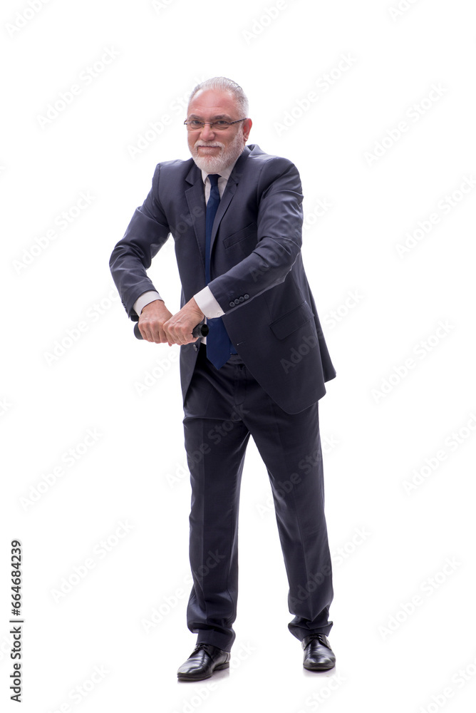 Old businessman holding penlight isolated on white Old businessman holding penlight isolated on white