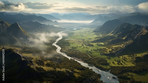 An aerial shot of a valley surrounded by tilted mountains, with a river winding through the lush landscape.