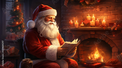 santa claus with christmas gifts sitting by a fire