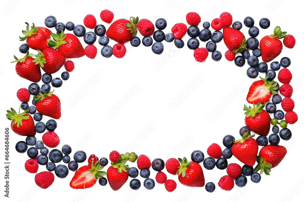 Frame made of strawberries, blueberries and green leaves. Berries frame isolated on transparent background. Frame made of strawberries, blueberries and green leaves. Berries frame isolated on transparent background.