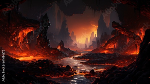 An underground lava tube illuminated by the fiery glow of molten lava flowing through it.
