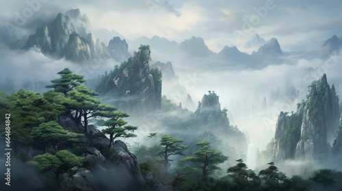 Misty Residual Mountains with pine trees clinging to the steep slopes  creating an enchanting landscape.