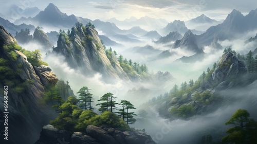 Misty Residual Mountains with pine trees clinging to the steep slopes, creating an enchanting landscape. © UMR
