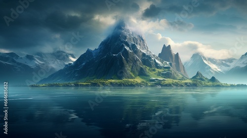 The serene and tranquil scene of a solitary Oceanic Mountain peak surrounded by the calm waters of the deep sea, untouched by civilization. © UMR