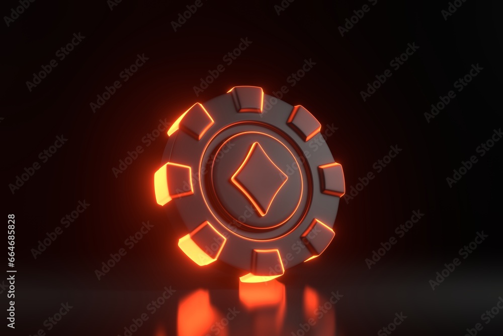 Casino chips and aces cards symbols with futuristic neon red lights on a black background. Poker, blackjack, baccarat game concept. Diamond icon. 3D render illustration Casino chips and aces cards symbols with futuristic neon red lights on a black background. Poker, blackjack, baccarat game concept. Diamond icon. 3D render illustration