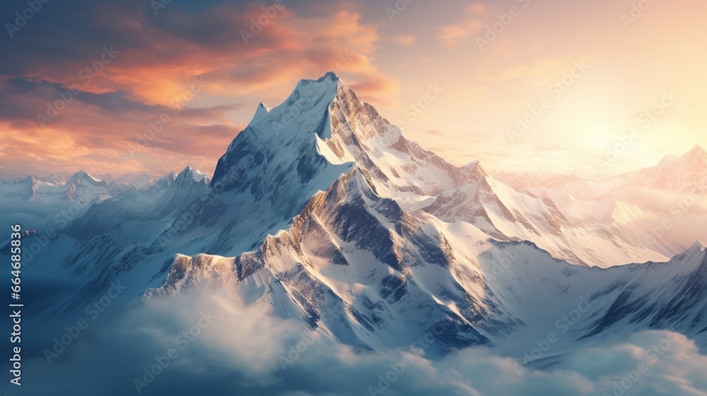 Tilted mountain peaks covered in a blanket of fresh snow, glistening in the soft light of winter.