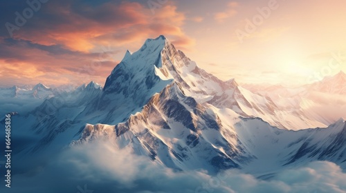 Tilted mountain peaks covered in a blanket of fresh snow, glistening in the soft light of winter.