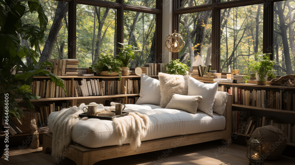 Serene and peaceful reading corner with window seat