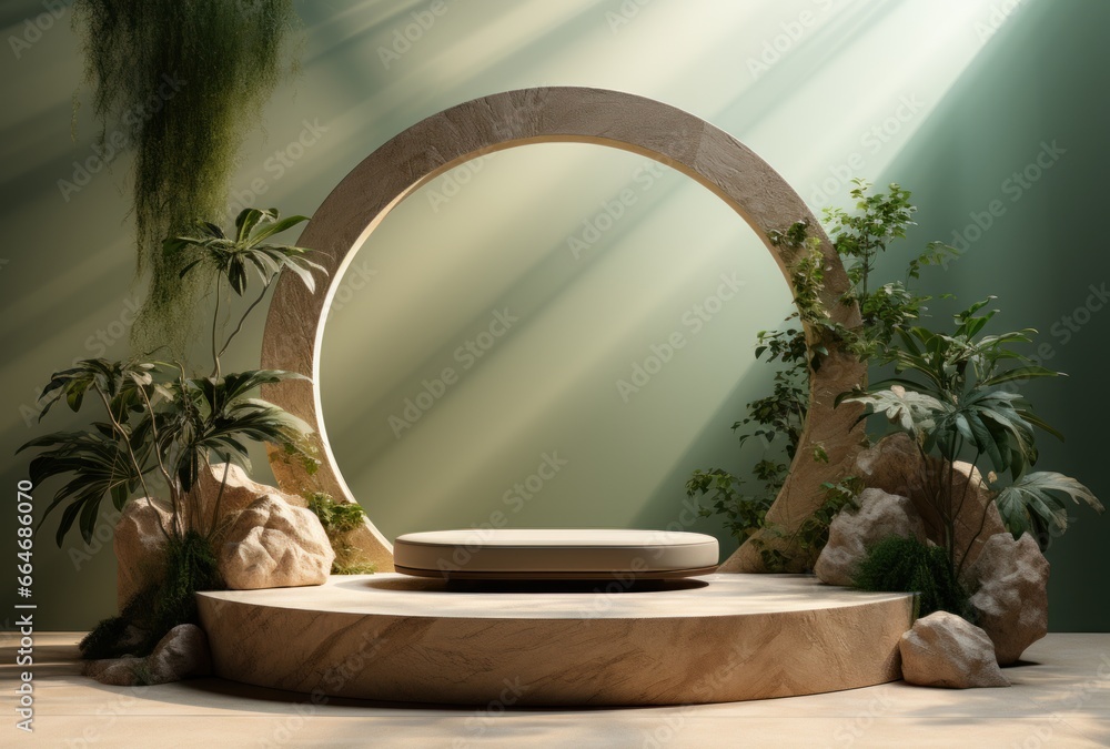 3D background, stone pedestal podium on natural beige, pastel green backdrop 3D background, stone pedestal podium on natural beige, pastel green backdrop