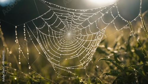Spider web In the morning with serene drops and dew