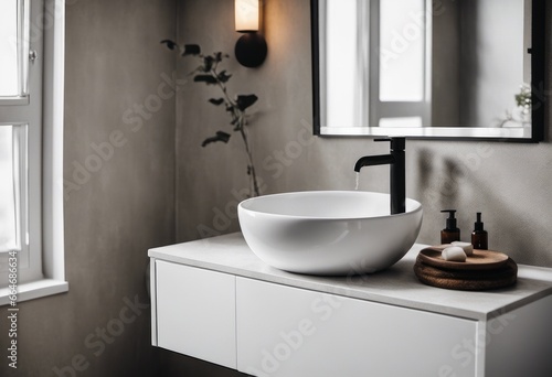 A modern scandinavian bathroom with a sleek vanity that has a white ceramic sink on top. The vanity is attached to the wall and the sink is shaped like a bowl.