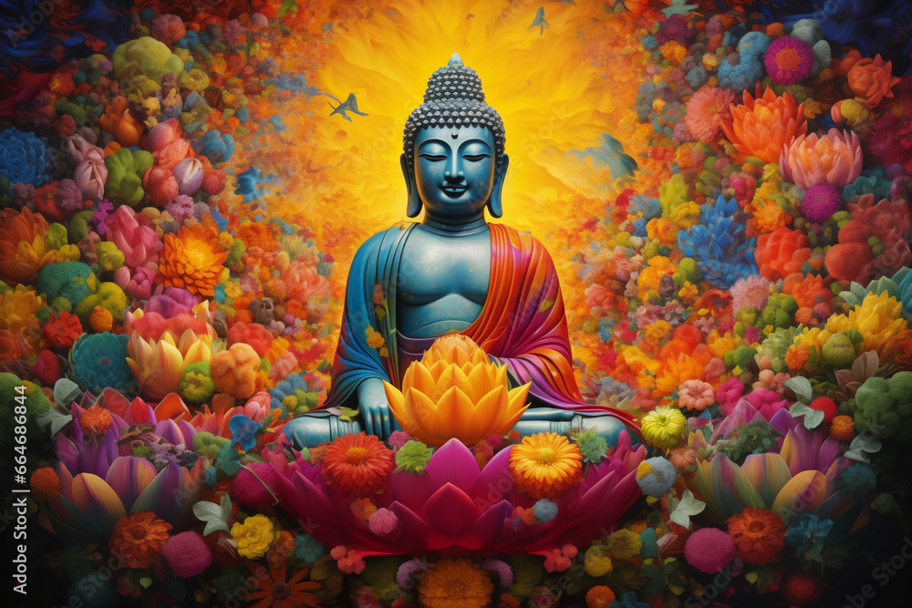 Obraz premium Budha Surrounded by Colorful Flowers