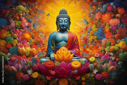 Budha Surrounded by Colorful Flowers