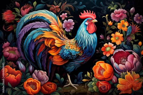 Rooster Surrounded by Colorful Flowers © clara