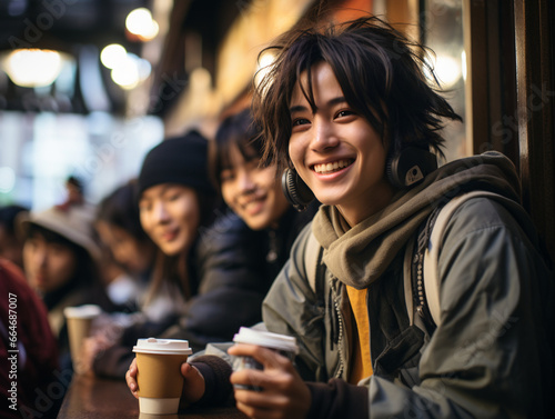 happy young asian friends drinking coffee at cafe having fun smiling laughing. high school friends gather at a bar having a drink of coffee together