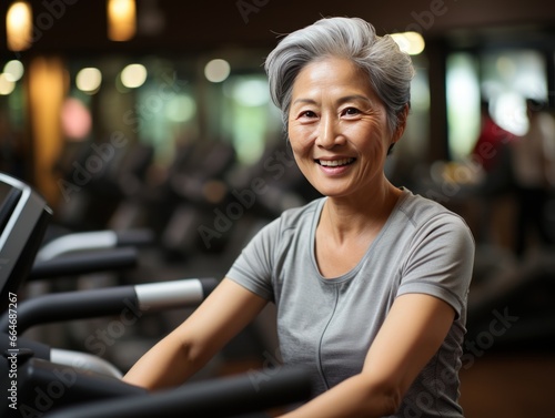 A cheerful senior woman with silver hair stands in a well-lit gym setting, interacting with a treadmill. She exudes a sense of health and active lifestyle.
