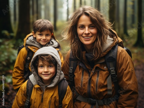 A woman accompanied by two young boys stands amidst a misty forest. All are dressed in brownish-yellow jackets with hoods, ready for hiking or camping.