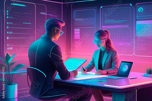 Businessman and businesswoman working on laptop in office. Concept of teamwork, partnership and cooperation. Neon background.