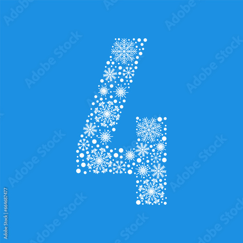 Number 4 made from white snowflakes. Christmas snow design element.