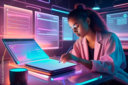 Young woman working on laptop in dark room with neon lights