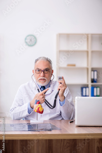 Old male doctor cardiologist working in the clinic