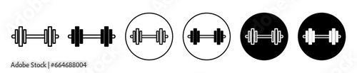 Barbell weight lifting at gym symbol icon. Dumbell set workout vector logo. Dumbell Weight lift with barbel line sign