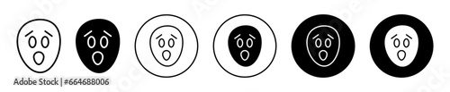 Shocked or surprised face emoji icon set. Scared facial expression emoticon vector symbol. Shocked face emotion line sign. 