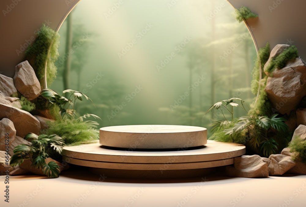 3D background, stone pedestal podium on natural beige, pastel green backdrop 3D background, stone pedestal podium on natural beige, pastel green backdrop