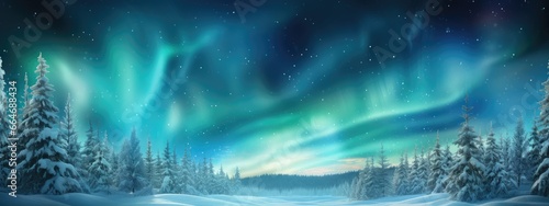 Amazing snowy winter landscape. Winter landscape with snow-covered pine trees and northern lights (northern lights). Polar Lights. Creative image of wild nature.