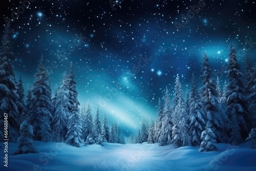 Amazing snowy winter landscape. Winter landscape with snow-covered pine trees and northern lights (northern lights). Polar Lights. Creative image of wild nature. © AndErsoN