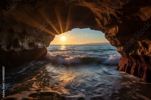 Summer sea cave photo with sunlight. Generative AI