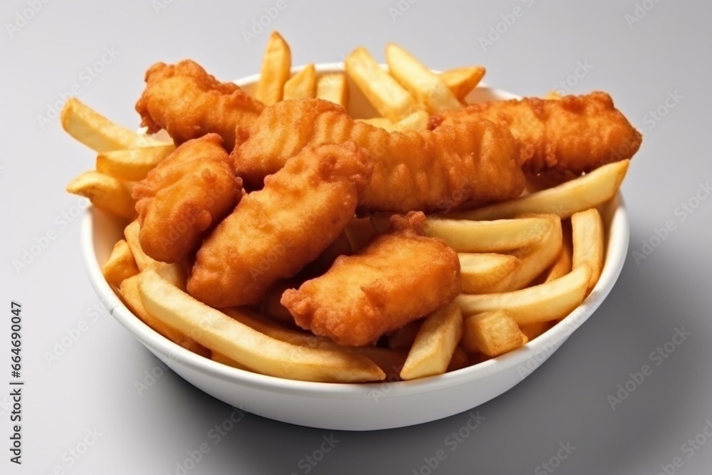 Closeup of delicious fish and chips dish on a plain background, captured from various angles. Studio photography. Top-down view. Generative AI
