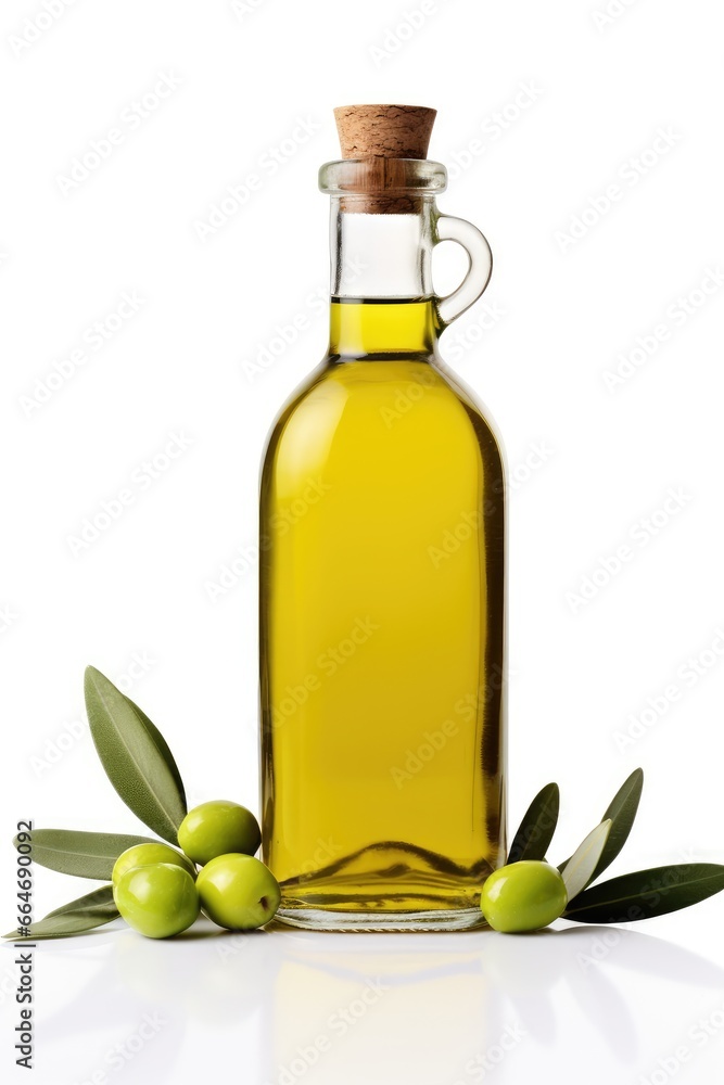 bottle of olive oil and green olives with leaves on a white background. Close-up. salad dressing in the kitchen.