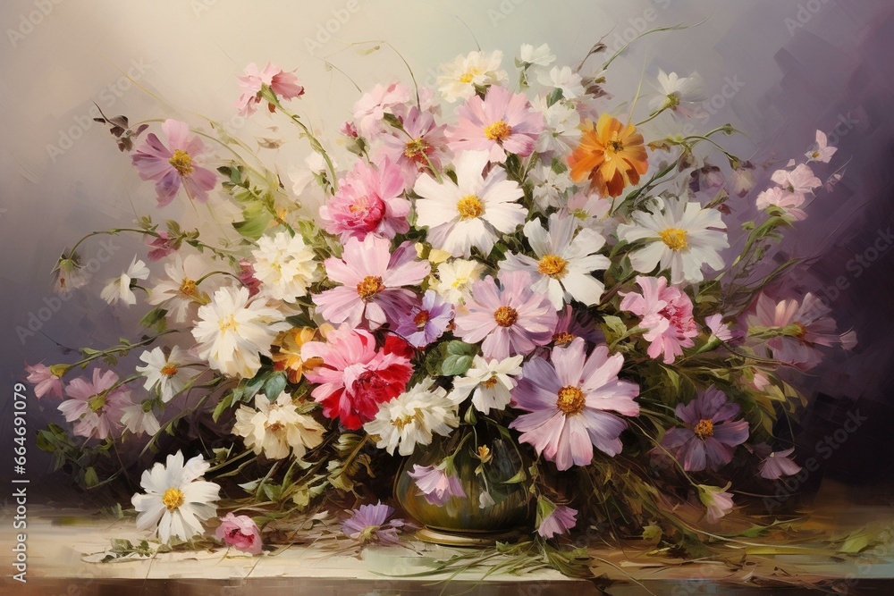 Summer flowers in an oil painting depicting a beautiful bouquet. Generative AI