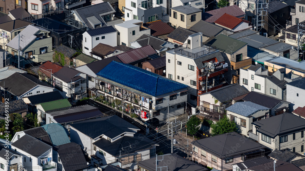 Greater Tokyo are dense buildings and houses at daytime.	