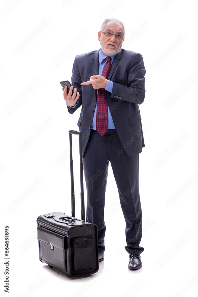 Old businessman with suitcase isolated on white Old businessman with suitcase isolated on white