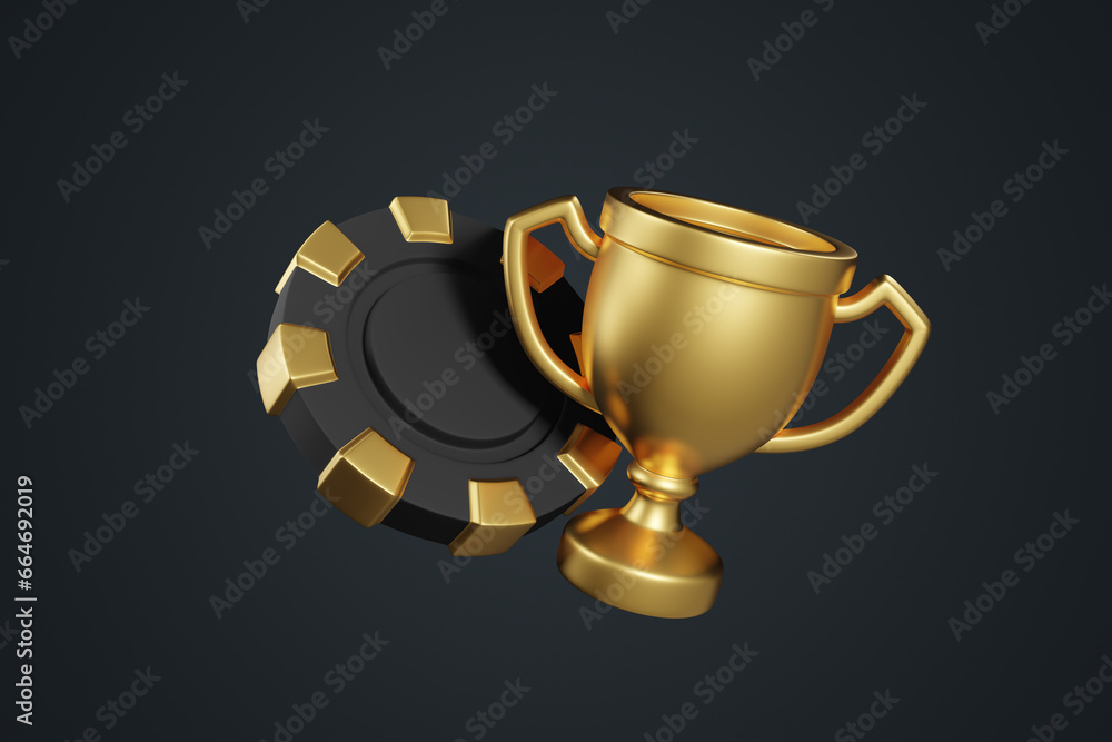 Casino chips and trophy cup on a black background. Poker, blackjack, baccarat game concept. 3D render illustration Casino chips and trophy cup on a black background. Poker, blackjack, baccarat game concept. 3D render illustration