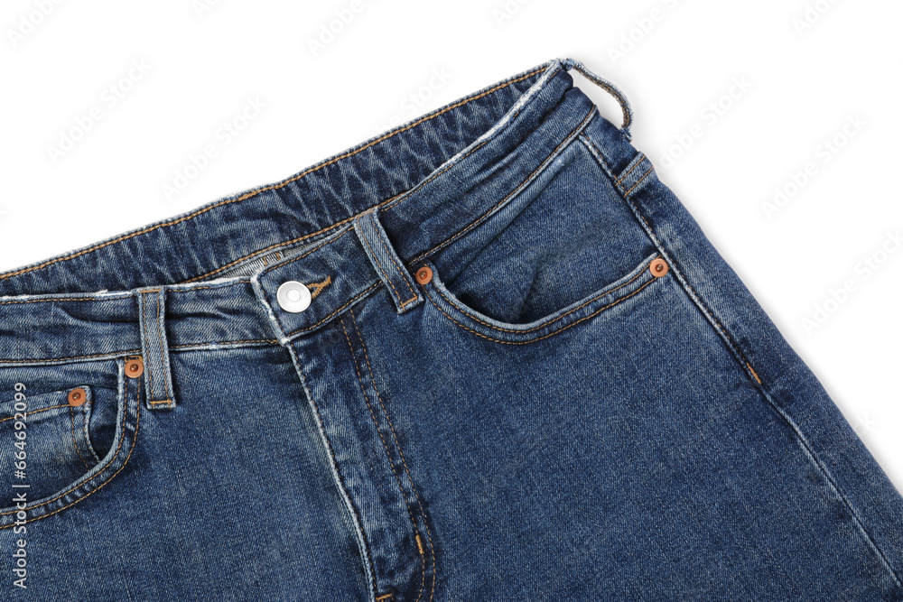 Stylish dark blue jeans isolated on white, top view