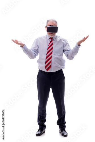 Old businessman wearing virtual glasses isolated on white