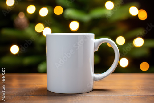 Blank white ceramic mug  with cozy glowy background
