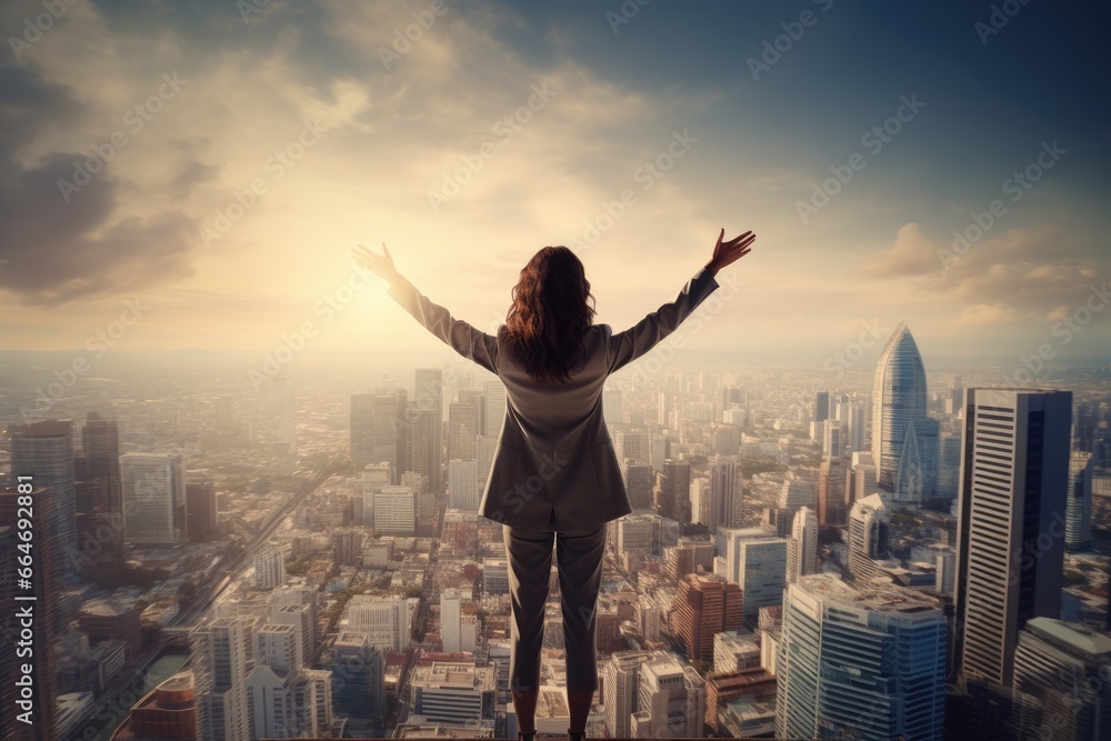 Pinnacle of Achievement: A Successful Businesswoman Standing Triumphantly Atop a Skyscraper, Overlooking the City Panorama Pinnacle of Achievement: A Successful Businesswoman Standing Triumphantly Atop a Skyscraper, Overlooking the City Panorama