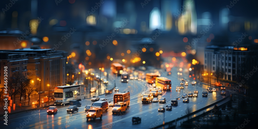 City streets at night tilt-shift effect 3d illustration