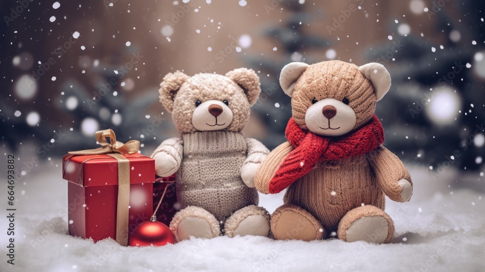 Teddy bears wearing a Santa hat on a festive New Year's background. Christmas card with animals. present. Teddy bears wearing a Santa hat on a festive New Year's background. Christmas card with animals. present.