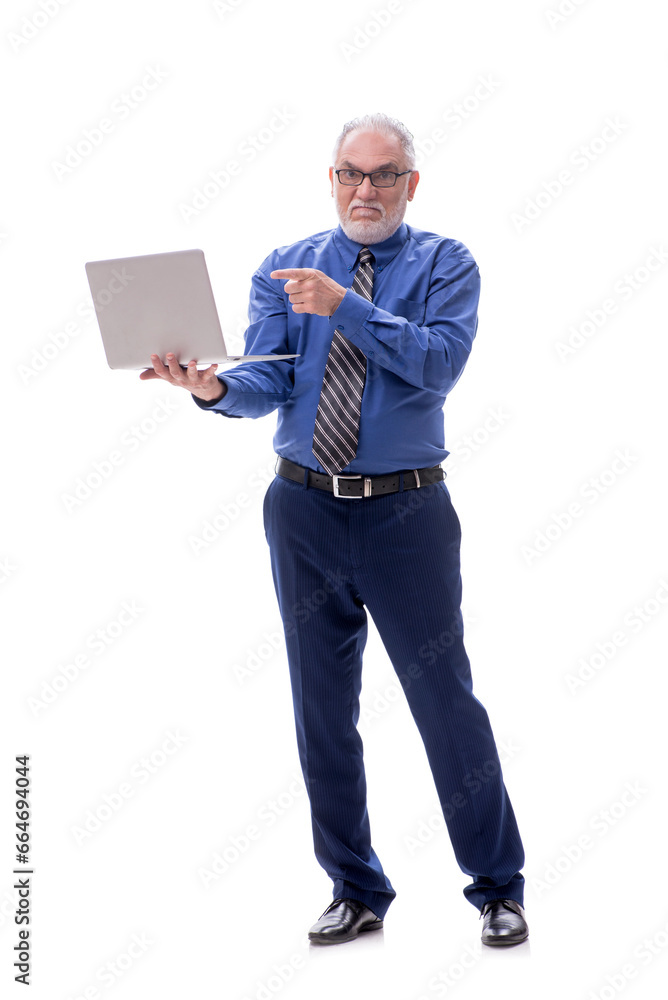 Old businessman holding laptop isolated on white Old businessman holding laptop isolated on white