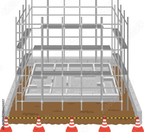 足場組みをした、新築の工事現場のイラスト