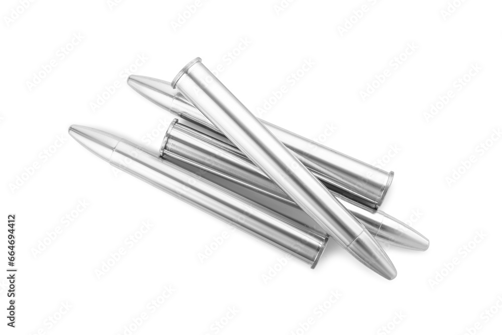 Metal bullets isolated on white, top view. Military ammunition Metal bullets isolated on white, top view. Military ammunition