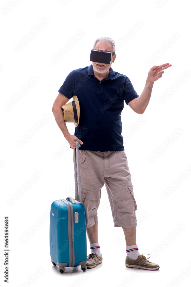 Old man in travelling concept isolated on white Old man in travelling concept isolated on white