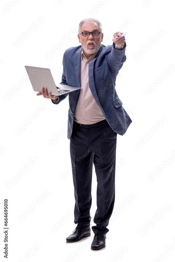 Old businessman with computer isolated on white Old businessman with computer isolated on white